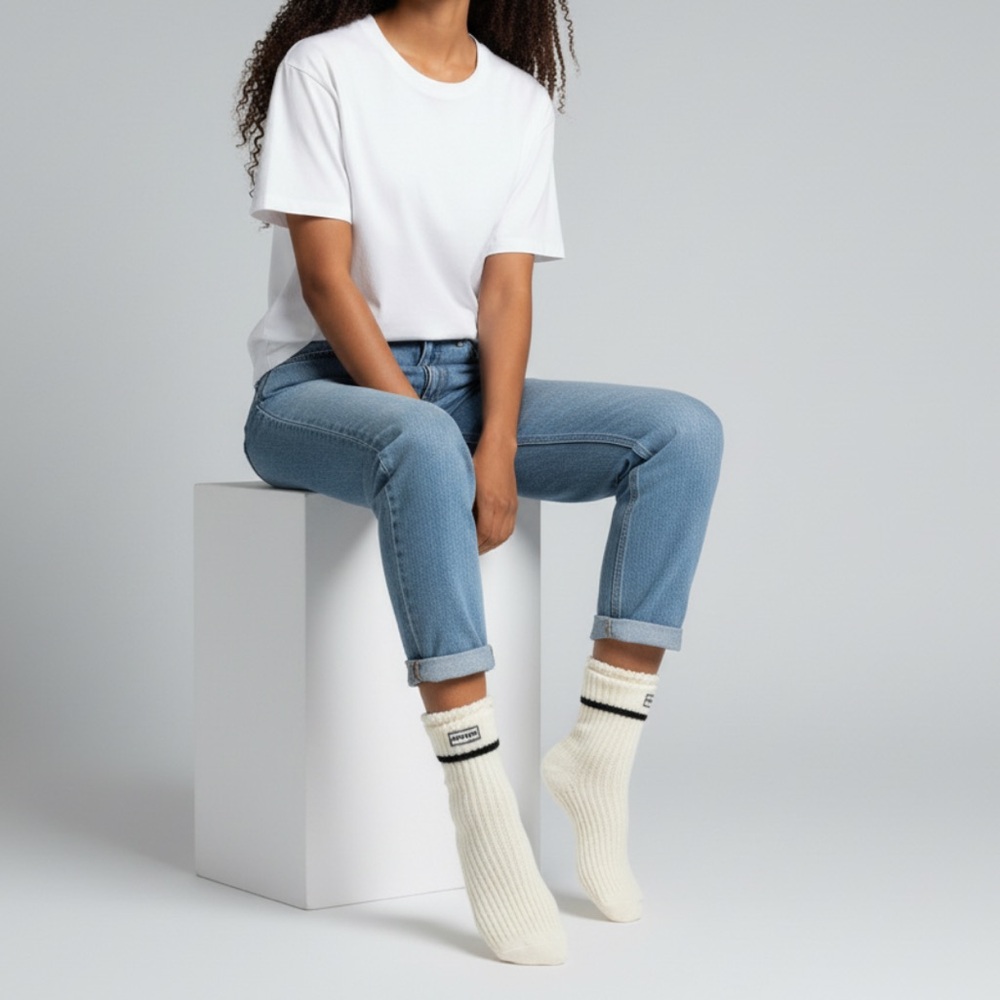 HUNTER White Black Mid Cable Knit Warm Gripped Fleece Lined Slipper Socks